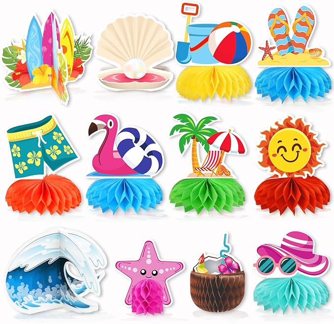 kockuu Beach Party Decorations, 12 Pcs Pool Beach Honeycomb Centerpieces Table Decor Cake Balls Toppers for Summer Hawaiian Aloha Luau Theme Birthday Pool Club Anniversary Party Supplies