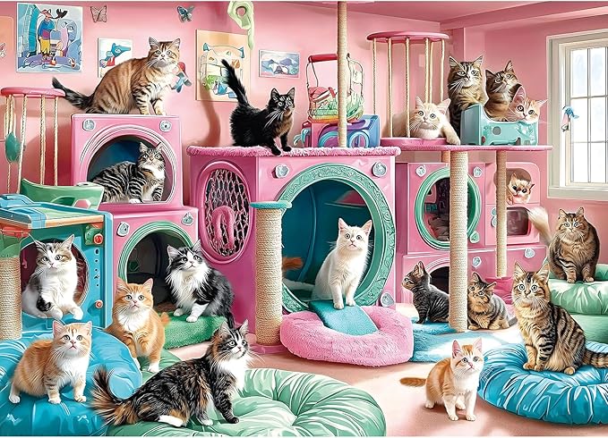 Cat Paradise 1000 Piece Puzzle for Adults Playful Kittys in Pink Playroom Jigsaw Puzzle Vibrant Colorful Cat Play Area Family Challenging Fun Animal Puzzle Gift for Adult Game Night