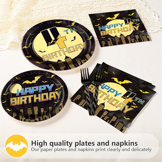 96Pcs Bat 4th Birthday Party Decorations Black Yellow Cartoon Bat Hero Paper Plates and Napkins Set Bats Fourth Birthday Decoration for Boys 4 Years Old Super Theme Hero Bats Party Supplies Serves 24