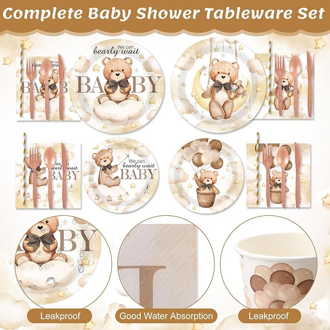 450 Pcs Brown Bear Baby Shower Tableware Set Decorations We Can Bearly Wait Paper Plates Napkins Cups Cutlery Straws for Boho Gender Neutral Reveal Birthday Party Supplies, Serves 50