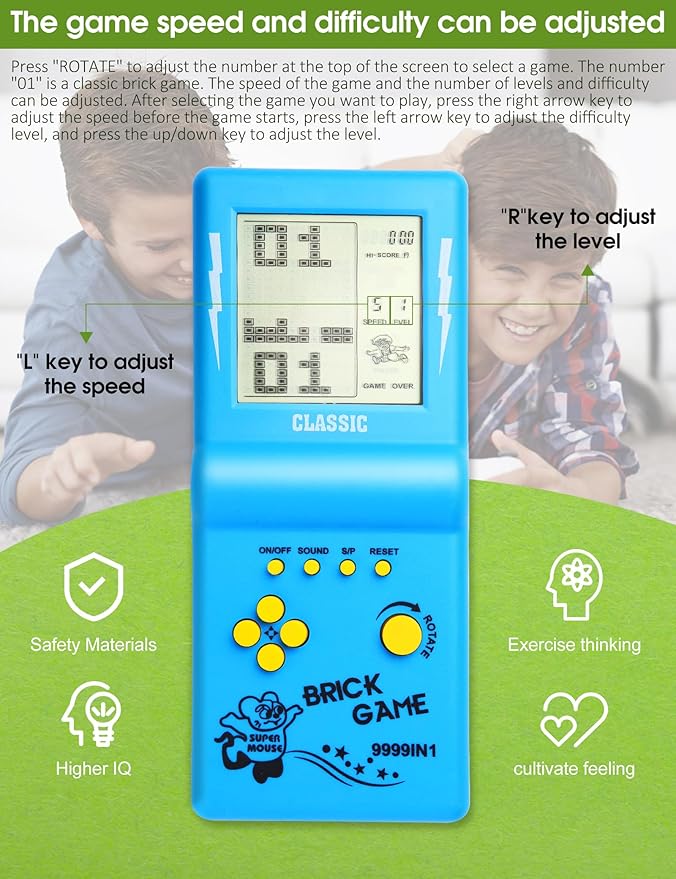 3.5-inch Large Screen Retro Brick Game Console for The 80s/90s Building Block Racing/Tank Game Built-in 23 Classic Games Nostalgic Puzzle Children's Console (Blue)