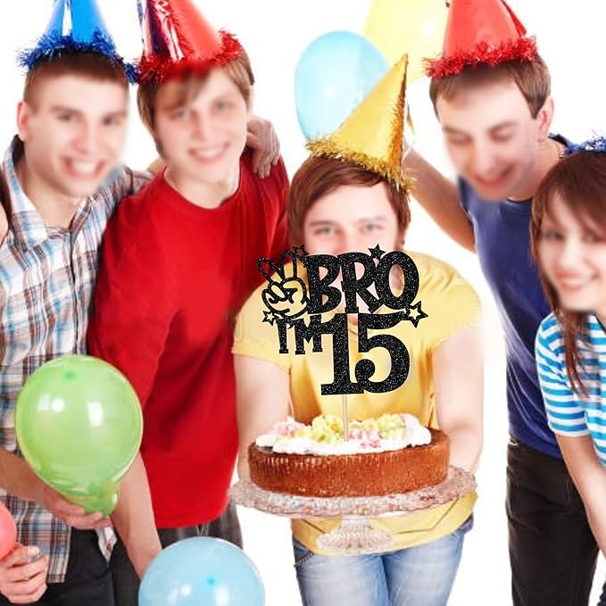 1 PCS Brother I'm 15 Cake Topper Glitter Star Happy 15th Birthday Cake Pick Bro I'm 15 Cake Decoration It's My 15th Birthday Decorations for Boys Cheers to 15 Years Old Birthday Party Supplies Black