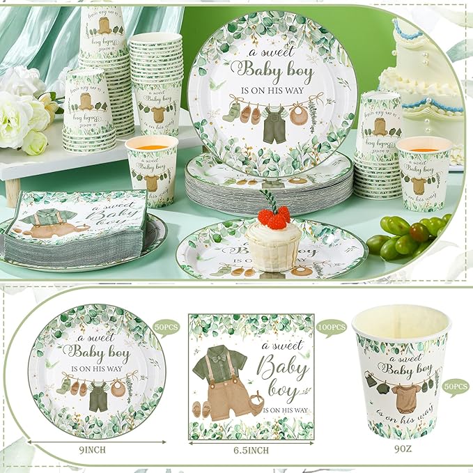 Hushee 200 Pcs Greenery Baby Shower Paper Plates Napkins Cups Baby Shower Party Supplies Tableware Set Disposable Cup Napkin for 50 Guest Party Decoration