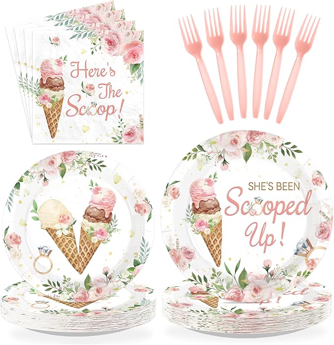 96 Pcs Ice Cream Bridal Shower Decorations Disposable She's Been Scooped Up Paper Plates and Napkins Pink Floral Tableware Set for Women Bridal Shower Wedding Engagement Bachelorette Party Supplies