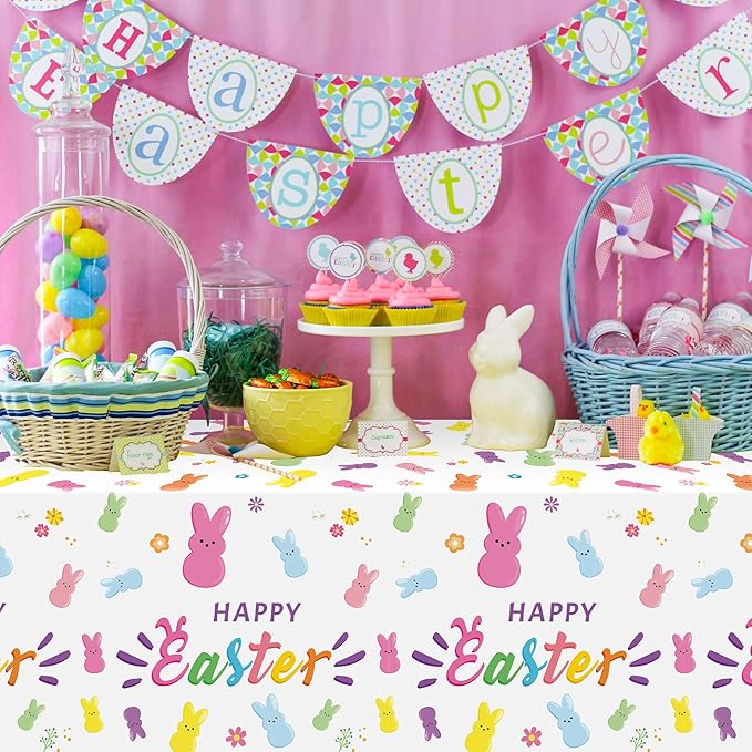 Easter Bunny Peeps Tablecloth - 3 Pack Happy Easter Tablecover Decoration Set Colorful Rabbits Plastic Disposable Rectangle Waterproof Table Covers Hello Spring Party Picnic Dinner Decor