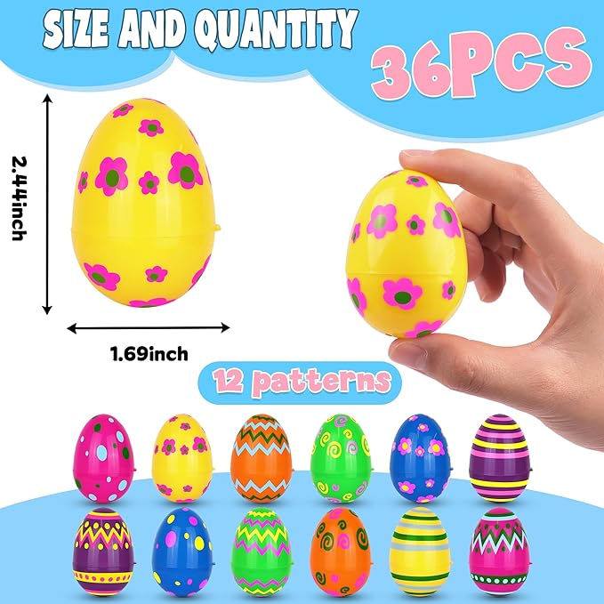 36 Pack Plastic Printed Easter Eggs, 2.4 Inch Fillable Empty Eggs Bulks for Easter Eggs Hunt, Easter Basket Stuffers Fillers, Classroom Prize Supplies, Filling Treats and Party Favors