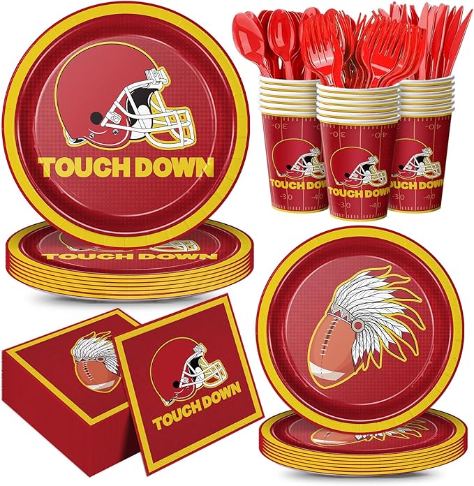168pcs Red Football Party Supplies Touch Down Plates Napkins American Rugby Tableware Set Disposable Paper Cups Red knives Forks and Spoons Football Birthday Party Decorations Serves 24