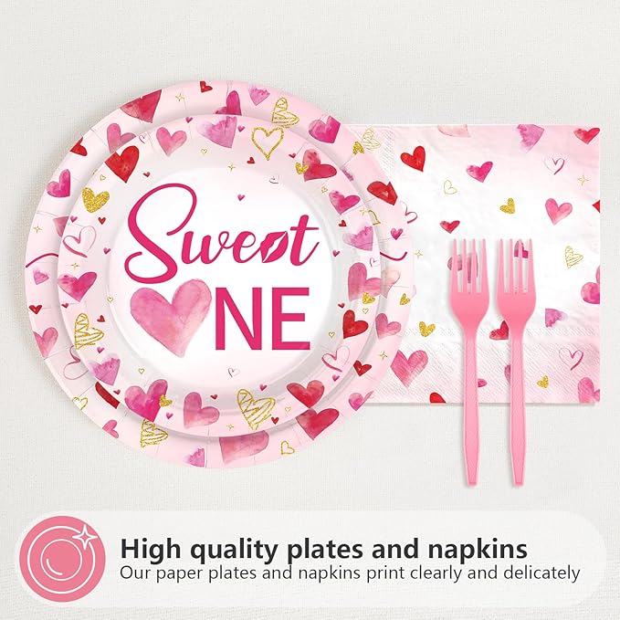 96Pcs Valentines 1st Birthday Party Decorations Valentine Sweet One Plates and Napkins Our Little Sweetheart is Turning One Party Decoration for Valentine's First Year Old Birthday Supplies Serves 24