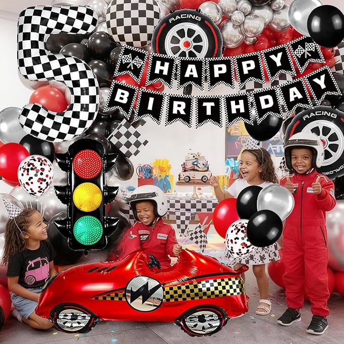Race Car Birthday Party Decorations, with 40 Inch Number 5 Balloon, Happy Birthday Banner, Traffic Light and Foil Tire Balloon for 5th Car Themed Birthday Party Supplies