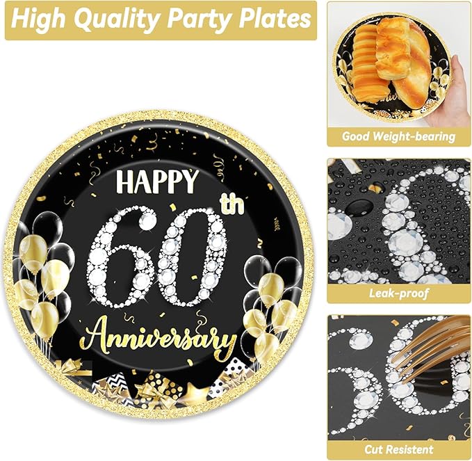 Qyeahkj 50 Guests 60th Anniversary Plates and Napkins Party Supplies 60th Wedding Party Decorations Disposable Tableware Set Dinnerware Favor for Birthday Women, 200PCS