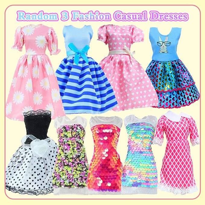 40Pcs Doll Clothes and Accessories Including 2 Fashion Evening & 2 Casual Dresses, 1 Sequins & 3 Slip Dresses, 2 Swimwear, 10 Pairs of Shoes, 5 Hangers, 12 Accessories for 11.5 inch Girl Doll