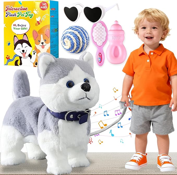 Husky Walking Dog Barking Toy, Musical Singing Dancing Volume Control Interactive Puppy Walk Along with Leash, Wagging Tail Shaking Head, Robot Plush Stuffed Animal Puppy for Kid