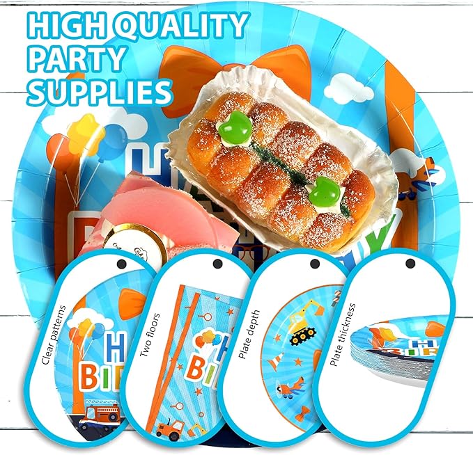 96 Pcs Blue Orange Cartoon Party Supplies Cartoon English Teacher Paper Plates Blue Orange Birthday Party Platter Tableware for Boy Girl Kids Teacher Back to School Themed Parties Decor Serves 24