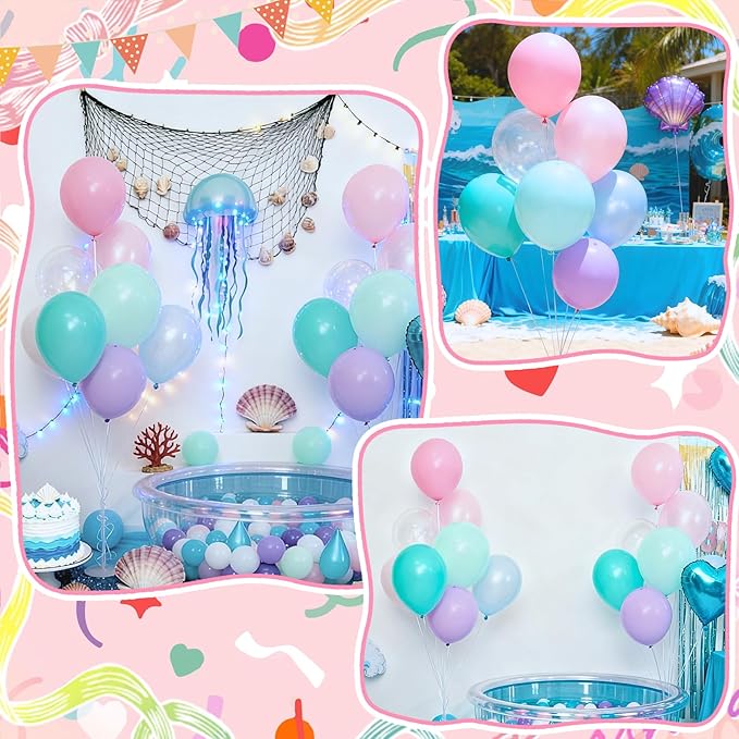 Pastel Mermaid Balloons, 50pcs 12 Inch Pink Purple Teal Blue Pearl Pastel Clear Macaron Balloons for Princess Women Girl Ocean Theme Birthday Summer Pool Party Baby Shower Under The Sea Decorations