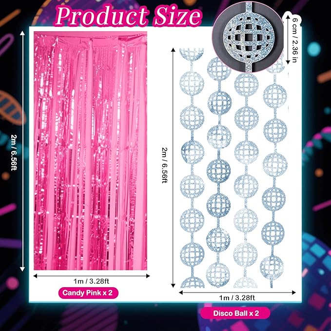4 Pcs Disco Party Decorations - 2 x Disco Ball Silver Metallic Tinsel Fringe Curtains & 2 x Candy Pink Backdrops for Birthday Supplies Last Rodeo Bachelorette Wedding Disco Decor