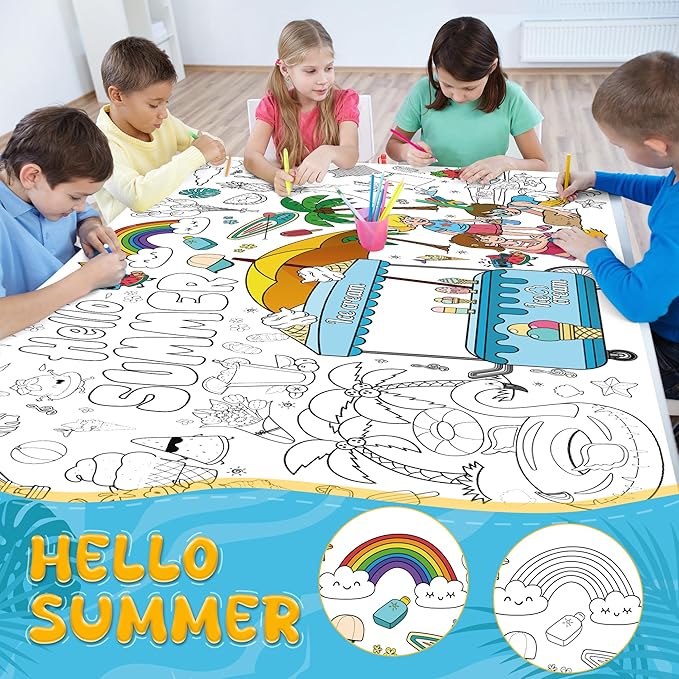 OHOME Summer Giant Coloring Poster/Tablecloth - Summer Decorations - 30 x 72 Inches Jumbo Paper Coloring Banner - Kids Crafts Gifts Toys Games Ice Cream Party Decorations - Arts Crafts Supplies
