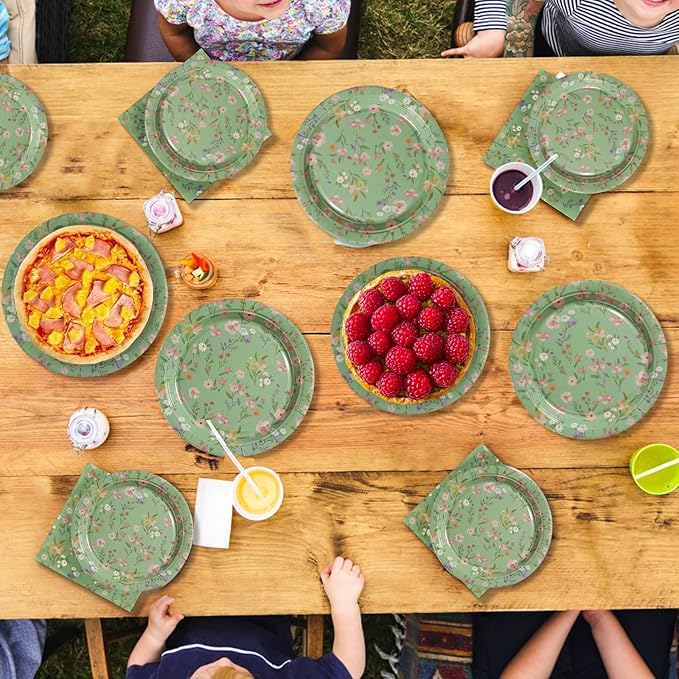200 Pcs WildFlower Plates and Napkins Green Vintage WildFloral Party Supplies Greenery Disposable Flower Theme Tableware Set for Spring Wedding Birthday Tea Party Decorations Serves 50