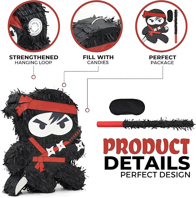 Ninja Pinatas Bundle with a Blindfold and Bat (16.5x12.6x4 Inches), Perfect for Birthday Parties, Theme Parties for boys, Decorations