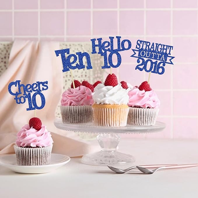 Ephlyn 24Pcs Happy 10th Birthday Cupcake Toppers Glitter Ten Cupcake Picks Hello 10 Cheers to 10 Years Cake Decorations for 10th Birthday Anniversary Party Decorations Supplies Blue