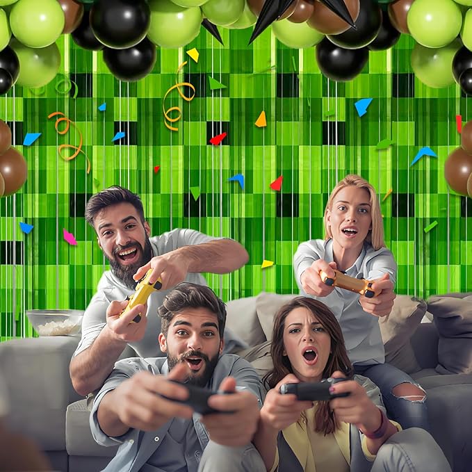 2 Pack Green Foil Fringe Curtains Pixel Birthday Backdrop, 3.2x6.6ft Video Game Door Streamers for Boys Gaming Birthday Party Decorations Supplies Favors