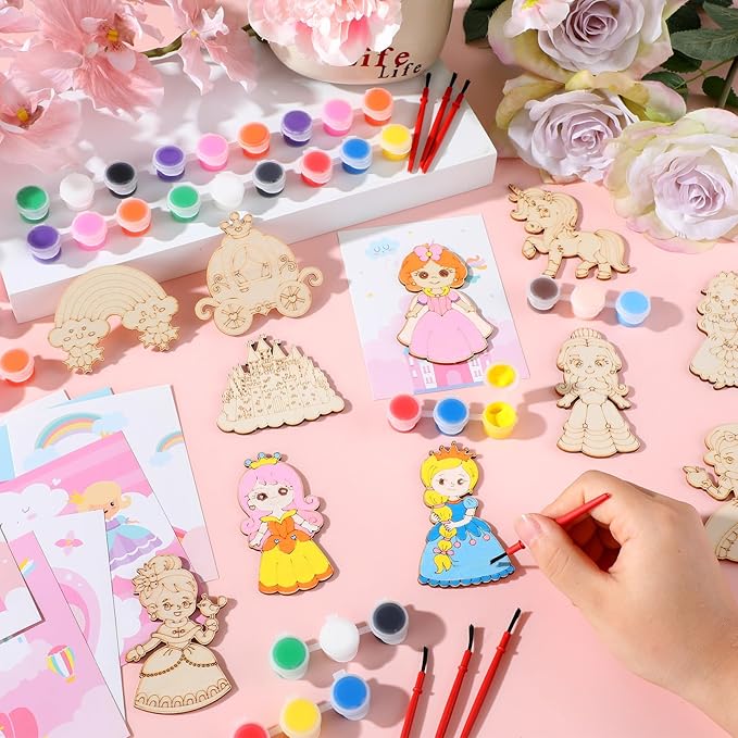 36Pcs Princess Party Favors Birthday Supplies Decorations-Cards with Art Crafts Castle Fairies DIY Wooden Painting Craft Kits Thank You for Coming Gifts Bulk Goodie Bags Stuffers Prizes for Kids Girls