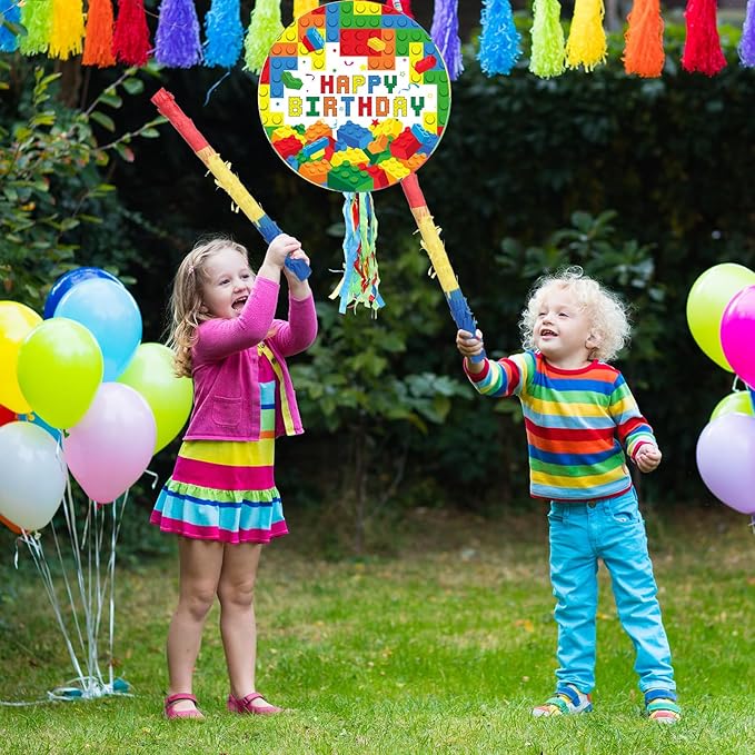 Jexine Birthday Block Piñata Set Birthday Building Piñata with Blindfold, Bat, Stick Blocks Party Supplies for Carnival Fiesta Party Supplies Event Decoration