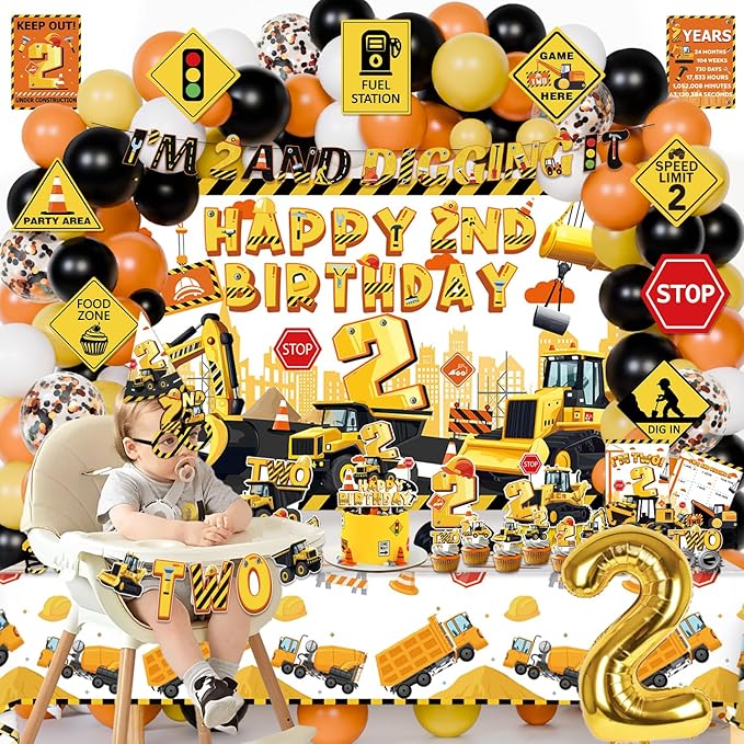 Mpanwen Construction Party Decorations for 2 Year Old Boy, 128Pcs Truck Construction 2nd Birthday Party Supplies for Baby Boys - Backdrop, Wall Signs, Tablecloth, Crown, Poster, Paper Glasses