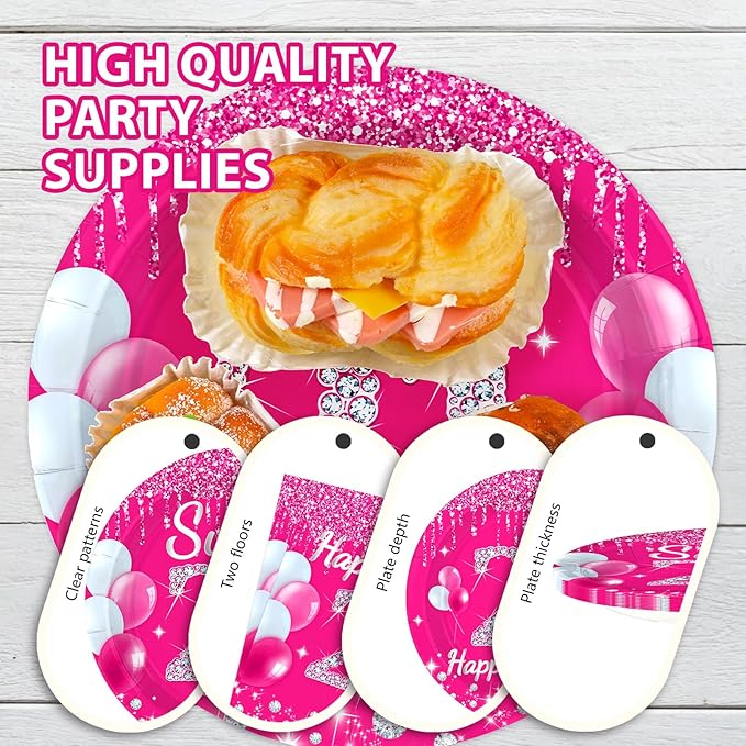 96Pcs 21st Birthday Party Supplies 350 GSM Hot Pink Sweet 21 Plates and Napkins Tableware Sets Happy 21st Birthday Decorations for Girls Women Finally Legal 21 Years Old Party Favors, Serves 24