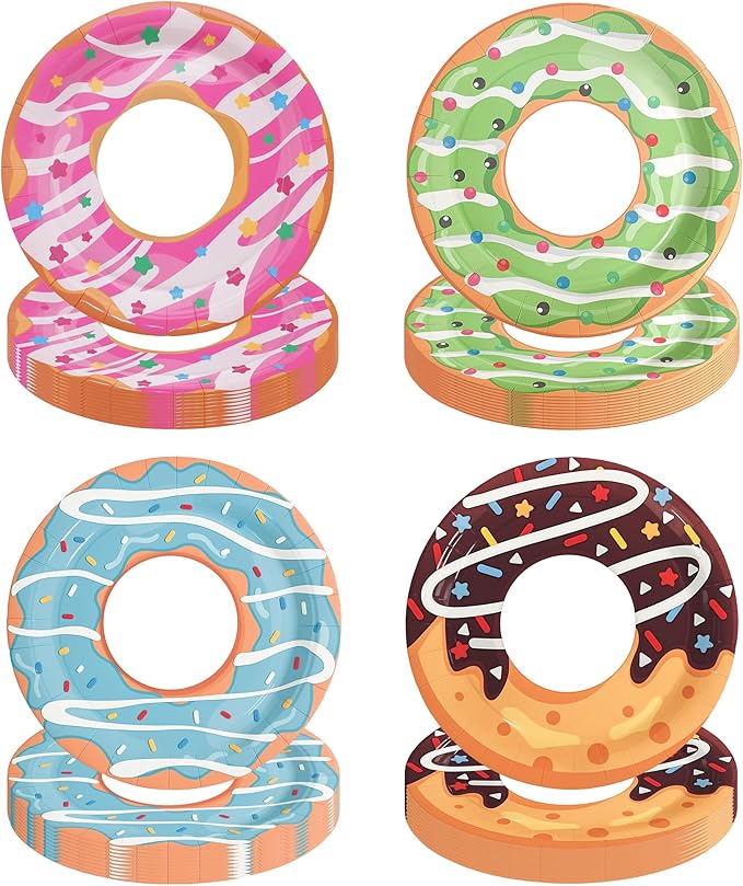 48Pcs Donut Paper Plates, 7in Donut Party Decorations Disposable Dessert Plates Tableware Dinnerware Set for Baby Shower Donut Themed Birthday Party Supplies
