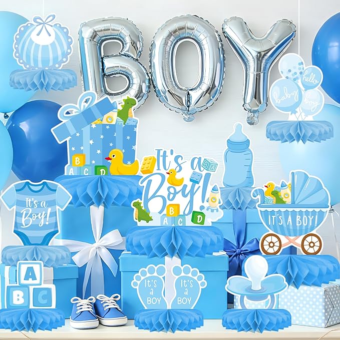 Boy Baby Shower Decorations Set - Kit with blue Honeycomb Centerpiece, Baby Reveal & Themed Table Decor for the Baby Boy Shower Decorations