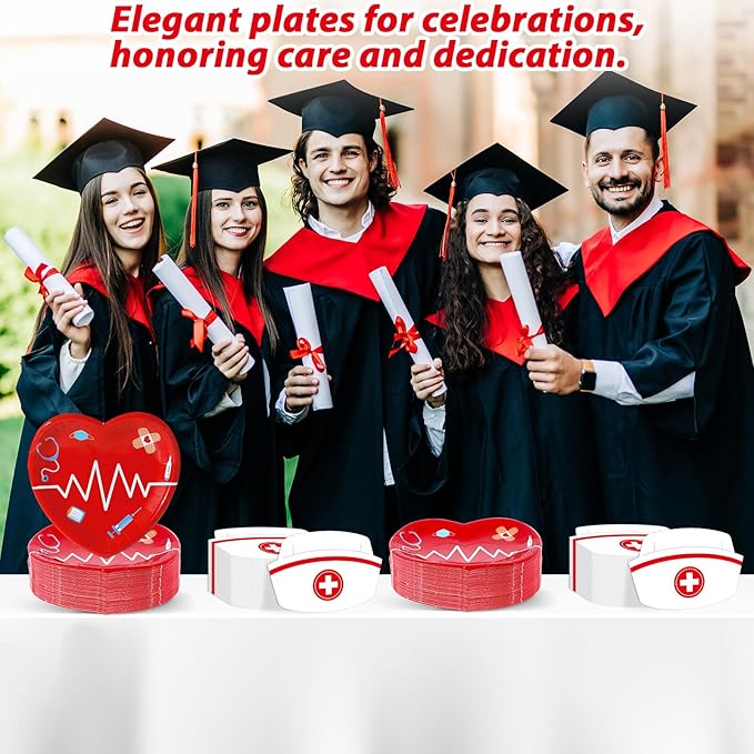 100Pcs Nurse Graduation Paper Plates Napkins Set RN Graduate Party Decorations for Nurses Week Day Doctor Medical School Party Supplies Red Heart Nursing Birthday Disposable Tableware