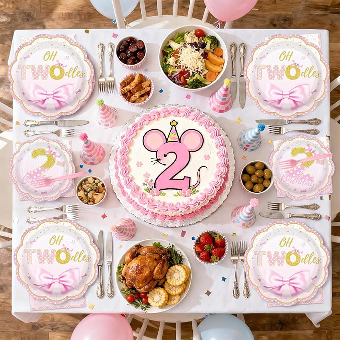 96Pcs Oh Twodles Birthday Party Supplies Girl Cartoon 2nd Mouse Birthday Paper Plates and Napkins Pink Gold Cute 2nd Mouse Theme Bday Decoration for Girls Two Years Old Bday Party Supplies Serves 24