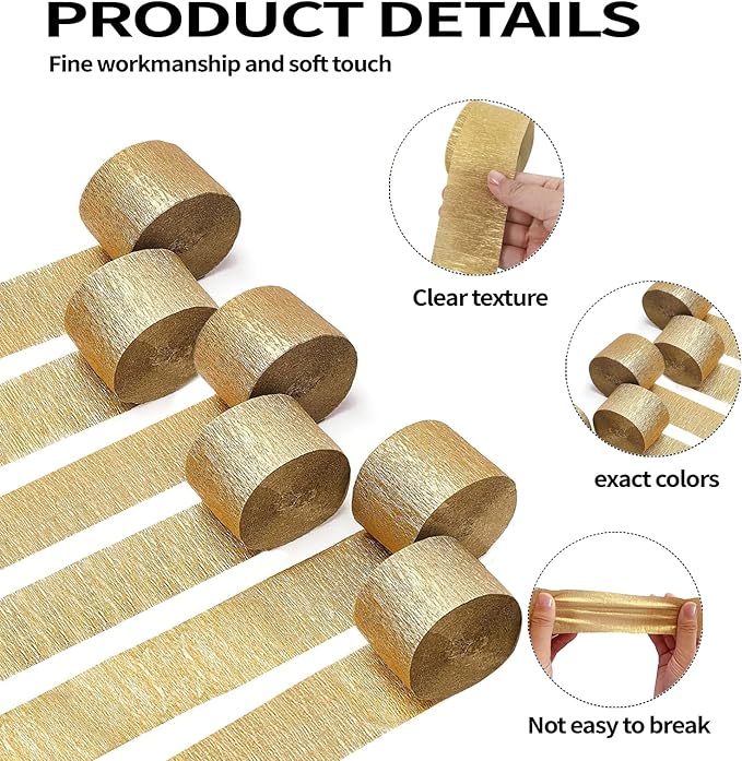 Crepe Paper Streamers 6 Rolls 492ft,Pack of Party Streamers Reel Golden Colors(1.8 Inch x 82 Ft/Roll),for Party Decorations, Birthday Decorations, Baby Shower Decorations and Wedding