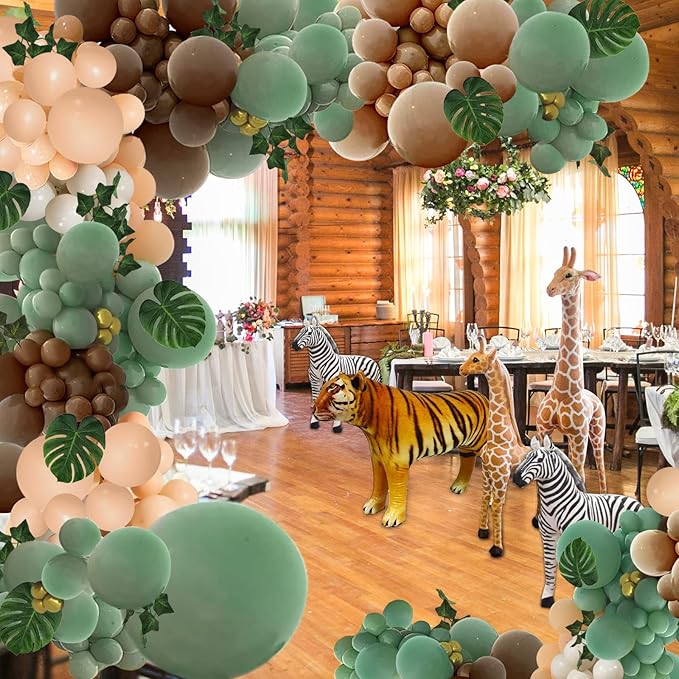 PERPAOL 148PCS Sage Green Brown Balloon Garland Kit, Jungle Safari Woodland Forest Wild One Camper Balloon Arch, Olive Green Gold Coffee Cocoa Balloons for Birthday Wedding Shower Party Decorations