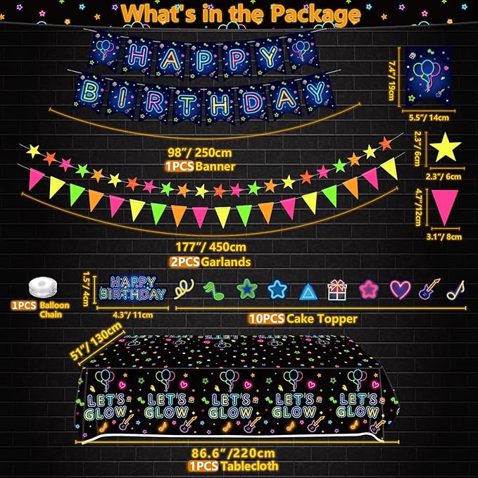 238 PCS Let's Glow Neon Party Supplies - Glow Tableware Set, Balloon Banner, Cake Toppers & Tablecloth for Blacklight Party Decoration (Serves 20)