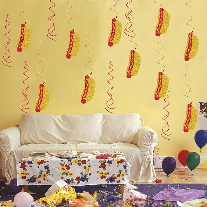 Hotdog Sign Hanging Swirl Decorations - Glitter 16 Pcs Fiesta Birthday Party Supplies - Girls Boys Birthday Party - Engagement - Wedding Streamers - Hot Dog Party Foil Swirls Ceiling Decorations