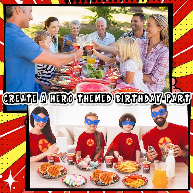 Zhehao 210 Pcs Christmas Hero Party Supplies Serves 30, Hero Themed Paper Plates Napkins Cups and Tableware Sets for Birthday Baby Shower Party Supplies Decor (Red)