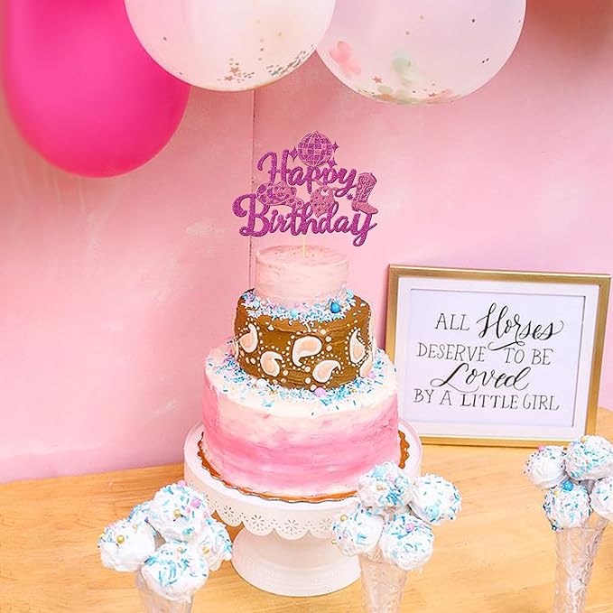 1 PCS Cowgirl Happy Birthday Cake Topper Glitter Western Cowgirl Birthday Cake Pick Hat Boot Disco Cowgirl Cake Decorations for Western Cowgirl Rodeo Theme Girls Birthday Party Supplies Rose Red