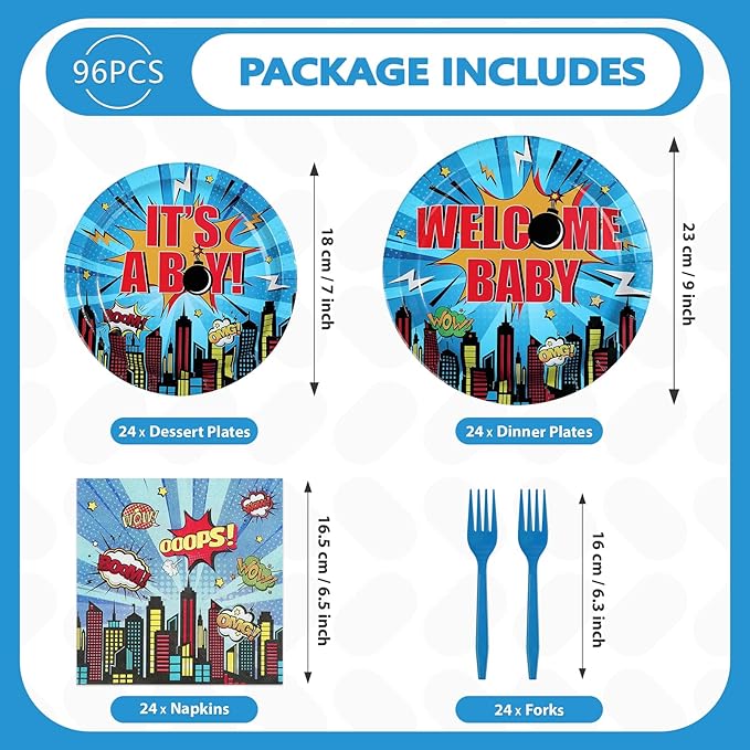 96Pcs Super Theme Hero Baby Shower Party Decoration Hero City Buildings Plates and Napkins Blue Welcome Baby Disposable Tableware Set for Boys Baby Shower Birthday Party Supplies Serves 24
