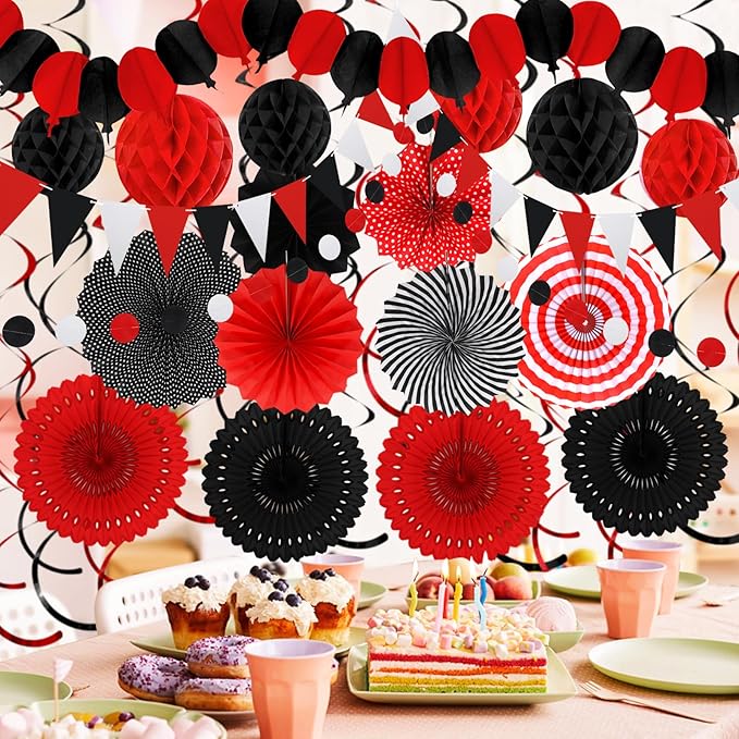 Black Red Party Decorations, Easy Assembly Paper Fan Honeycomb Ball Garland Hanging Swirl Graduation Party Supplies for Boy Girl Women Birthday Congrats Grad Party Decorations