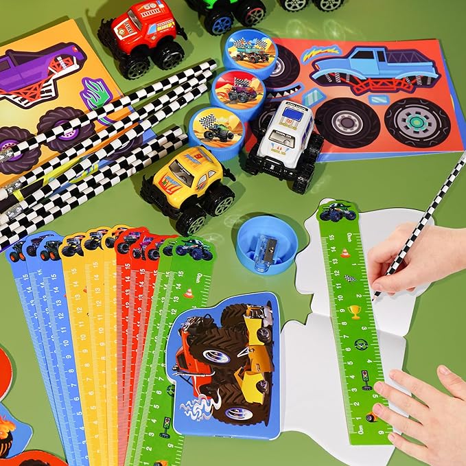 84pcs Truck Party Favors, Car Themed Birthday Party Supplies Including Truck Toys Notebooks Rulers Pencils DIY Stickers Pencil Sharpener, Race Car Themed Party Goodies Classroom Rewards