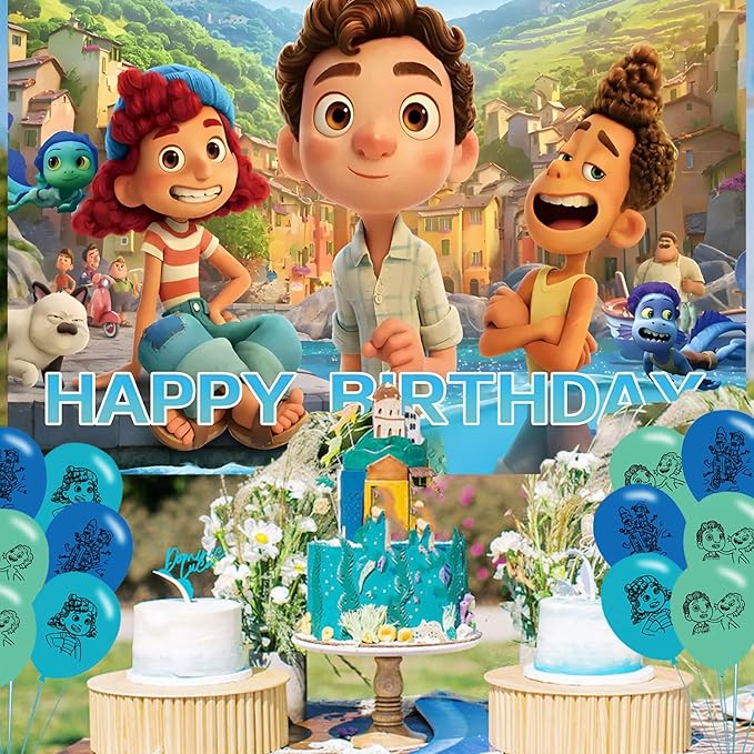 Luca Birthday Party Decoration,Cartoon Party Photo Background 5 x 3 FT and 18 Pcs Balloon,Merch Party Backdrop Supplies