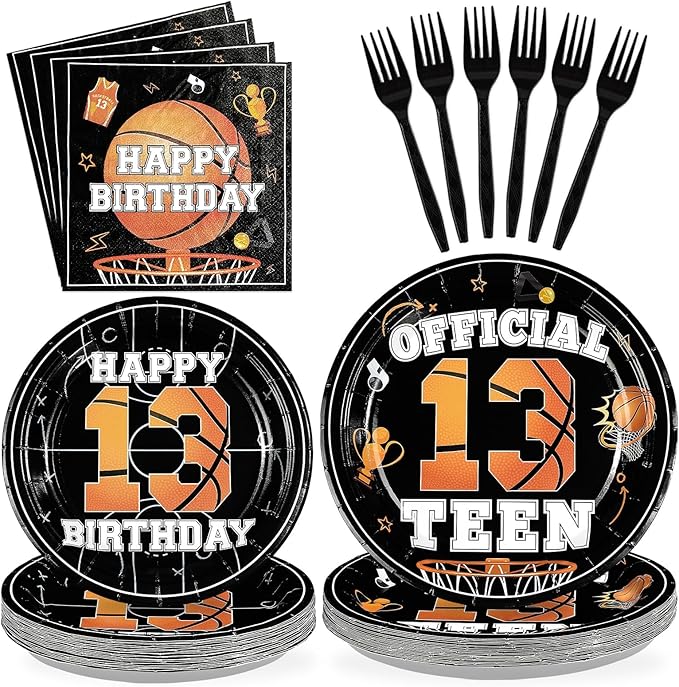 96pcs 13th Birthday Party Supplies Basketball Plates and Napkins Disposable Basketball Sports Theme Tableware Set for Boys Kids Official Teen 13 Years Old Birthday Party Decorations, Serves 24