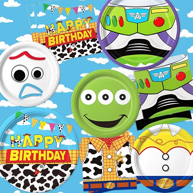 90Pcs Cartoon Birthday Party Supplies Cartoon Plates Napkins Tableware for Toy Theme Birthday Decor for 30 Guests