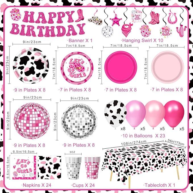 131 PCS Cowgirl Birthday Party Decorations Disco Cowgirl Party Decorations - Includes Plates, Napkins, Cups, Banner, Hanging Swirl, Tablecloth, Balloon for Western Cowgirl Party Decorations, Serve 24