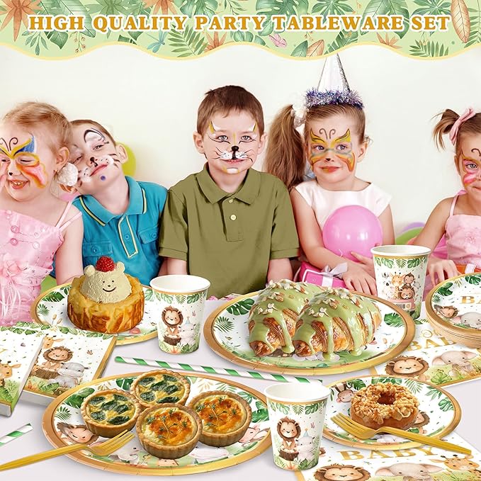 300 Pcs Safari Baby Shower Plates and Napkins (Serves 50 Guests), Plates Napkins Cups Straws and Forks Sets, Party Supplies, Jungle Safari Baby Shower Decorations