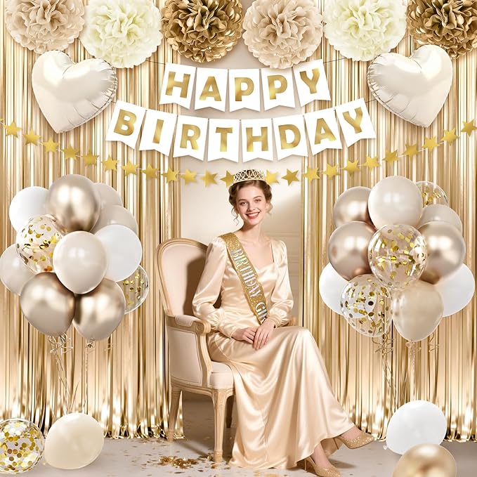 Golden Birthday Party Decorations for Women Girls , 46Pcs Gold Birthday Decorations Include Birthday Girl Sash Crown Fringe Curtain Balloons for Women Girls Party Supplies