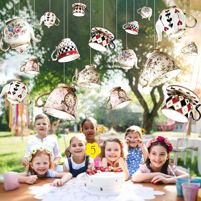 Wonderland Tea Party Decoration Teacup Hanging Banners Wonderland Teapot Themed Garland banner spring Backdrop Photo Props for Indoor Outdoor Garden Birthday Baby Shower Party Supplies