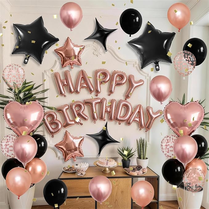 Rose Gold and Black Birthday Decorations for Women Black Pearl Rose Gold Metallic Party Balloons Confetti Balloon Happy Birthday Banner Heart Balloons 18/10 Inch Star Balloon for Bday Party Supplies