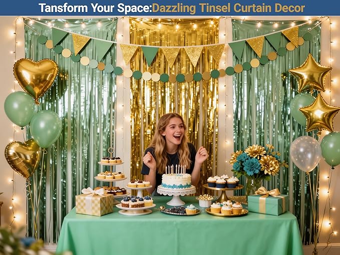 3 Packs Sage Green Gold Foil Fringe Curtains Light Green Birthday Decorations Extra Wide 9.9ft for Wedding Party Backdrop Bridal Shower Group Photos,Birthday Party Door Cover Each 3.3 x 6.5 ft